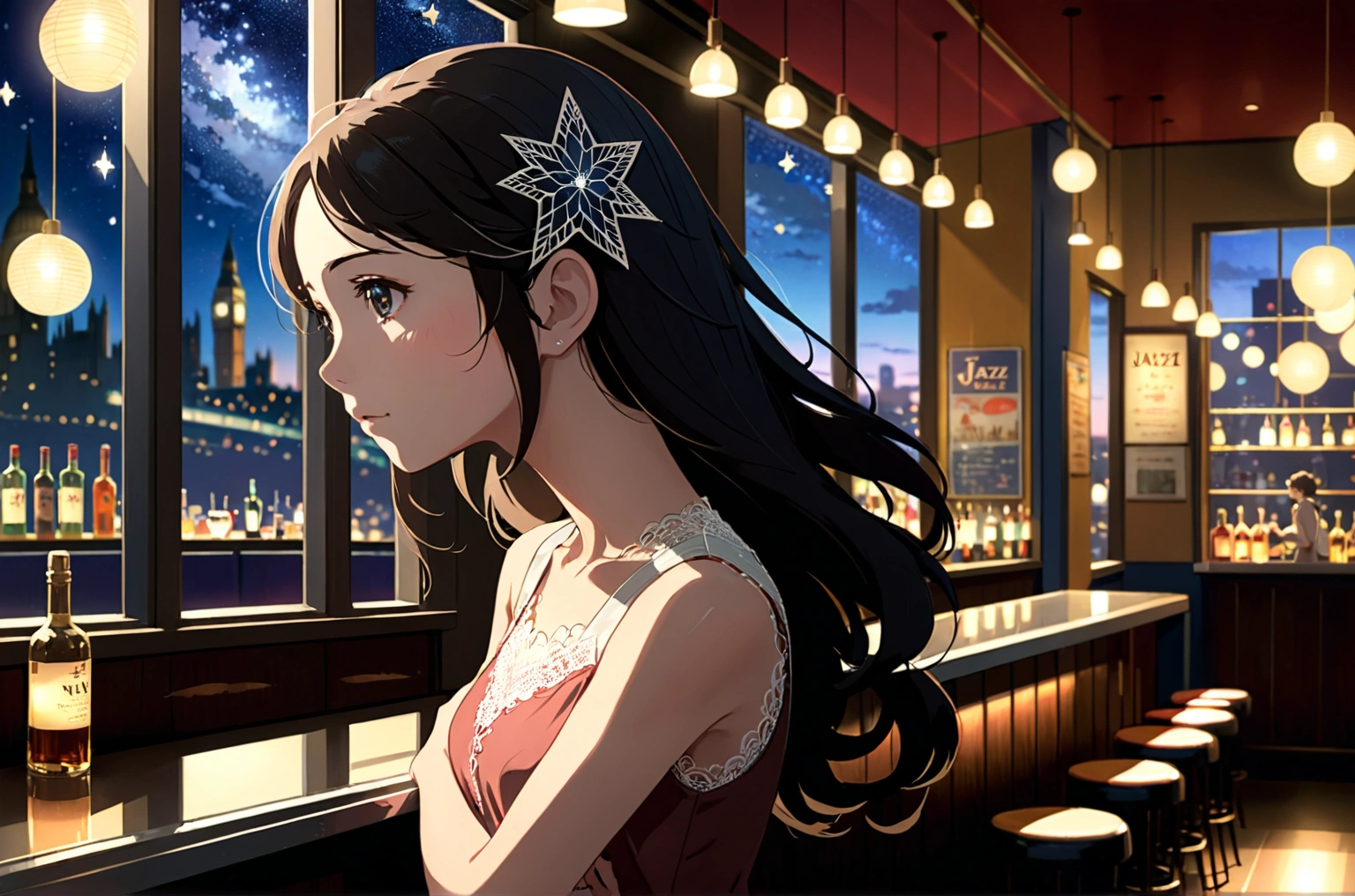 Uses Makoto Shinkai&#39;s depiction perfectly,Portrait of Halie Loren,8k 4k masterpiece photo ,Tokyo,A jazz bar with a glass ceiling,The twinkling stars can be seen through the glass windows.,It&#39;s a dark night outside,Jazz is playing,Close-up of profile,Beautiful in profile,Semi-long hair,Look in a different direction,Standing alone at the counter,A small glass of whiskey in front of me１There are、Tight fitting silver tank top dress,Bust is larger,Same character as before、Please draw the hands very precisely.