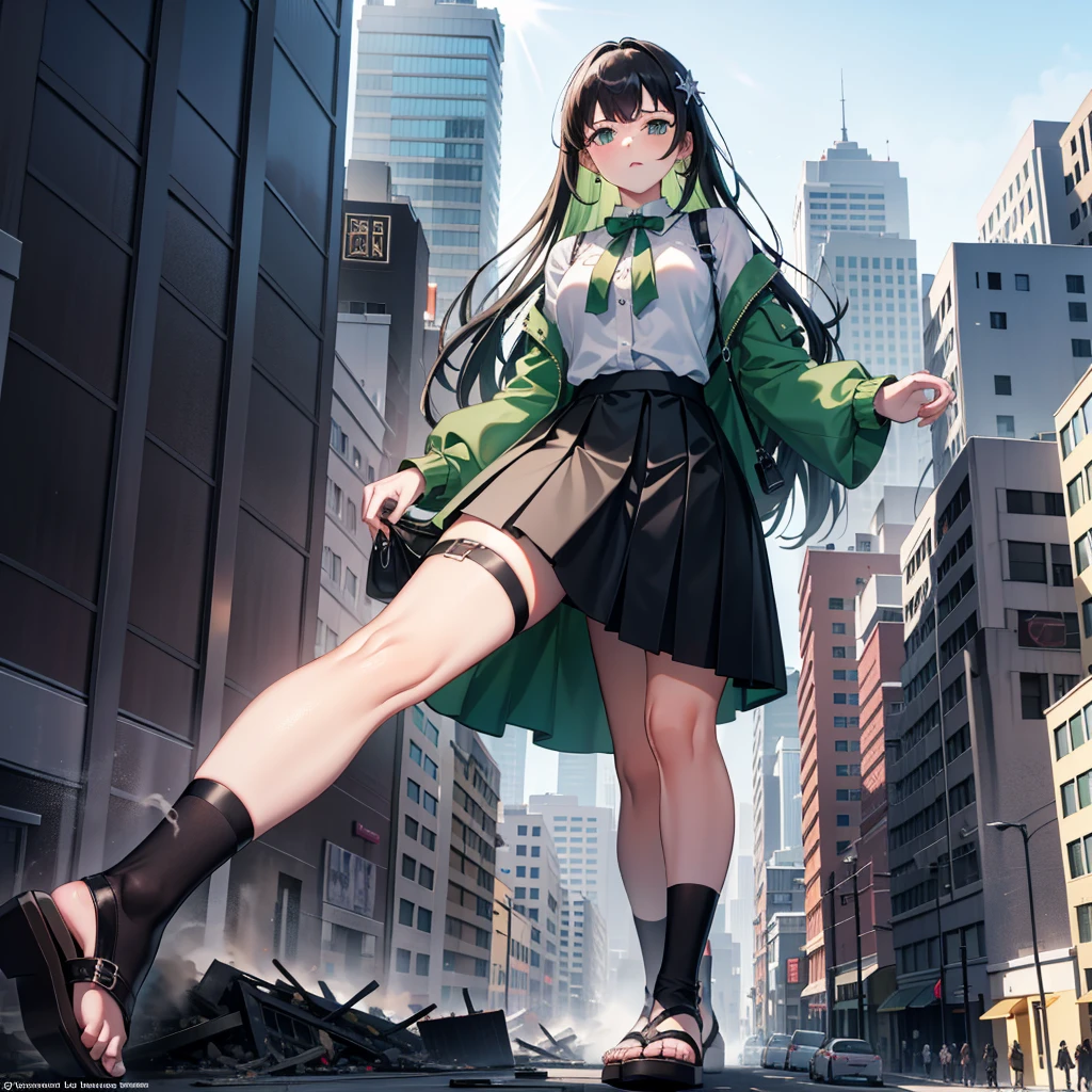 GTS, giantess, light frown, looking to the down, heaven, loose green shirt, black skirt, blocking sun, sandals, trampling, destruction, collapsing building, GtsGiga,mature lady,meduim bosom,tan lines