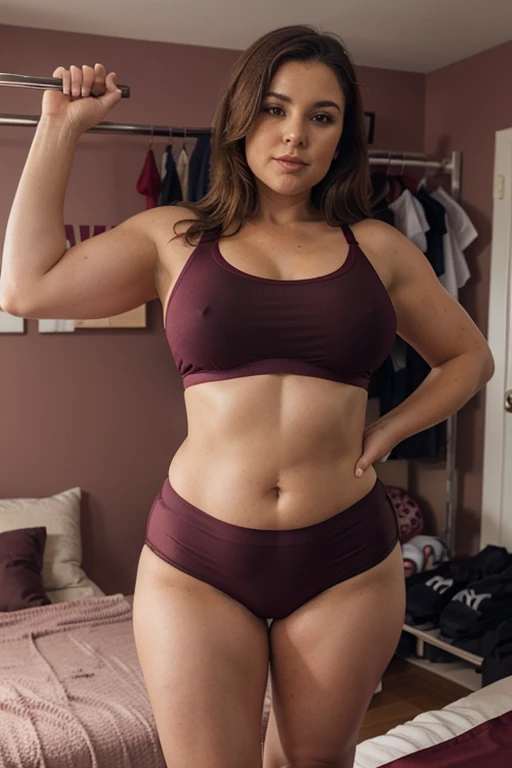 Very chubby mature woman in burgundy bra and panties choosing gym clothes in her bedroom closet