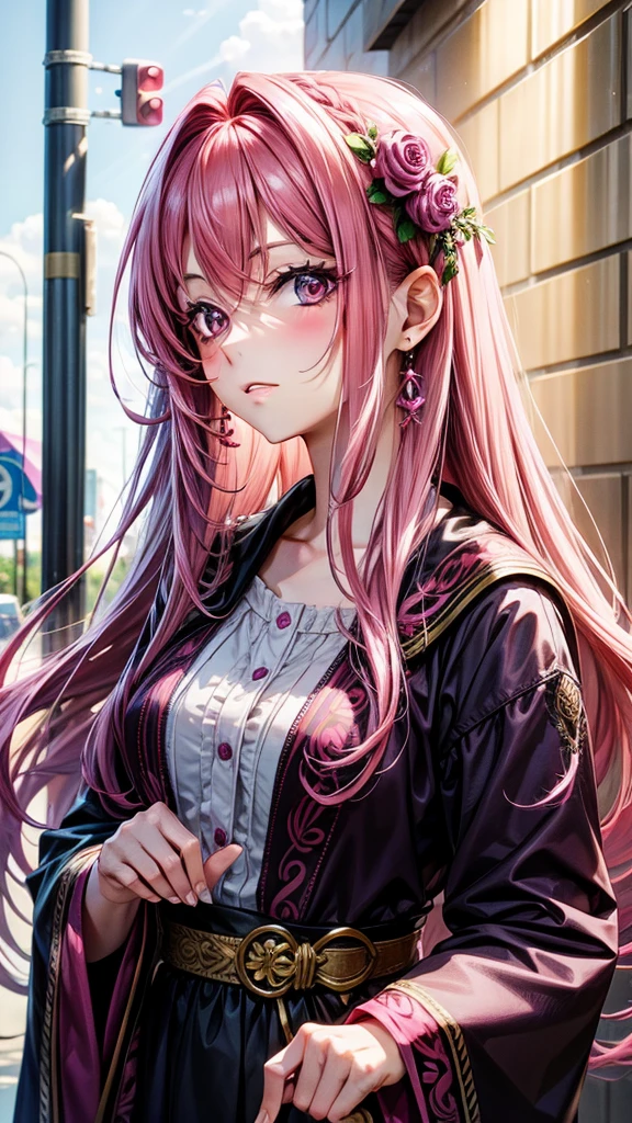 Magenta pink hair, brown eyes, older woman, long think hair, pretty hair ornaments