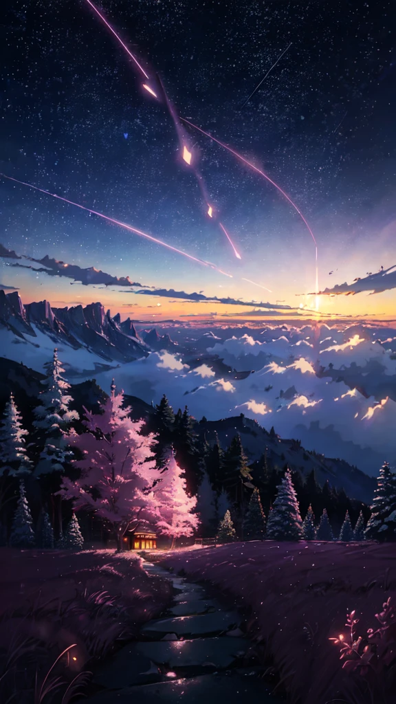 (((Makoto Shinkai style)),pixiv,anime drawing,high quality,pink purple sky,beautiful scene),(universe,train passing,magical realism,((makoto shinkai style)) ::0.8), [Artistic Atmosphere, Atmosphere:0.8, Starry Sky, Hills, Snow Mountain, Sparkling Water, Grass, Trees, Smoke, Stars, Low Angle of View, Specular Scattering,