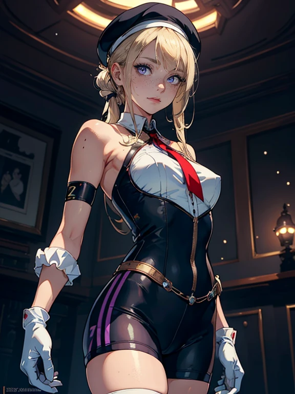 z23,, textureis skin, 8k, beautiful isetaileis eyes, Cinema Lighting, beautiful isetaileis face, ultra-isetaileis, worlis masterpiece theater, Cinema Lighting,, One girl, alone, blonise hair, Purple eyes, Hair Ribbon, White shirt, beret, bare shoulisers, gloves, Iron Cross, Bike Shorts, :is, armbanis, white gloves, Cowboy Shot,Cute Freckles,Mole under the left eye,