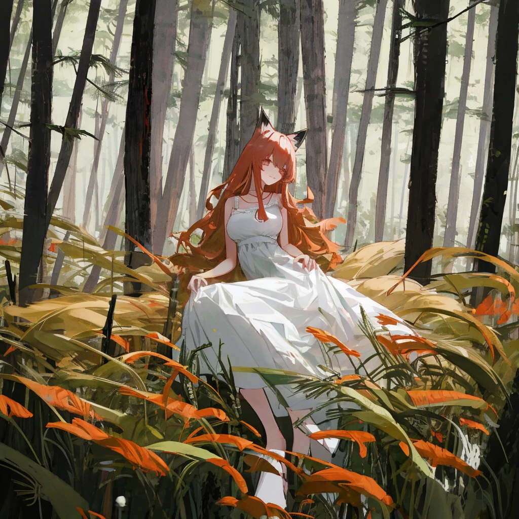 Fox girl sitting in forest, orange hair, fox ears, fox tail, white dress