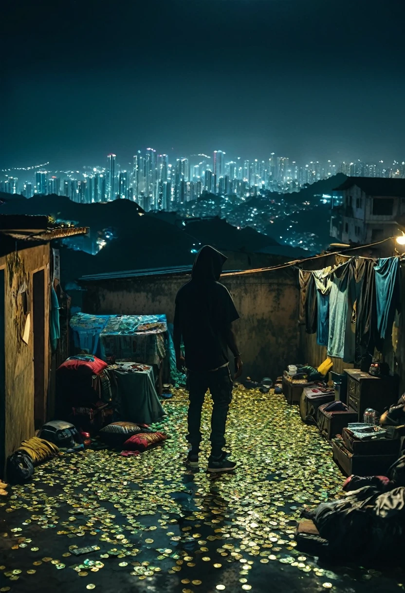 cinematic ultra-detailed 1 house in a favela, multiple hooded men, money scattered on the floor, night lighting, best quality, no weapons, hip hop style