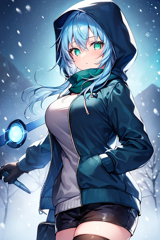 1girl, blue hair, medium hair, large breasts, breasts, green eyes, scarf, covered mouth, jacket, forest, snow, black jacket, hoddie, hooded jacket, hood on, hood up, zipper, gloves, glowing hair, glowing eyes, light blue hair, sky blue hair, night sky, sky, stars, pants