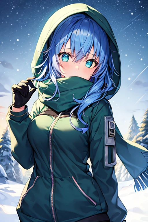 1girl, blue hair, medium hair, large breasts, breasts, green eyes, scarf, covered mouth, jacket, forest, snow, black jacket, hoddie, hooded jacket, hood on, hood up, zipper, gloves, glowing hair, glowing eyes, light blue hair, sky blue hair, night sky, sky, stars, pants