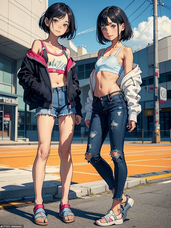 realism: 0.8), 6+ girl, (12 year old girl: 1.4), A neat and clean woman, (Flat Chest: 1.4), (Cheeky Smile: 1.1), (swag: 1.1), camisole, mesh (Tank top: 0.9), (Tube top: 1.1), T-Shirts, Off-the-shoulder crop top, mini skirt, sneakers, Sandals, (denim: 0.9), (Shorts: 0.9), Compression shorts, (hoodie: 1.1), (Track jacket: 1.1), (Windbreaker: 1.1), (Jeans jacket: 1.1), (Unzip: 1.2), Front opening, AEON Shopping