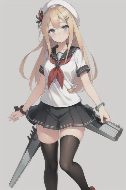 Saratoga (warship girls r),((Masterpiece)),(((Best quality))),((Ultra-detailed)),((illustration)),((Disheveled hair)),((frilld)),(1 girl),(Solo),1girl, beret, black footwear, black legwear, black skirt, blonde hair, blue eyes, bracelet, brown legwear, full body, gradient, hair ornament, hairclip, hat, jewelry, loafers, long hair, looking at viewer, neckerchief, pleated skirt, red neckerchief, ribbon, sailor collar, sailor hat, serafuku, shirt, shoes, short sleeves, skirt, solo, thighhighs, weapon, white headwear