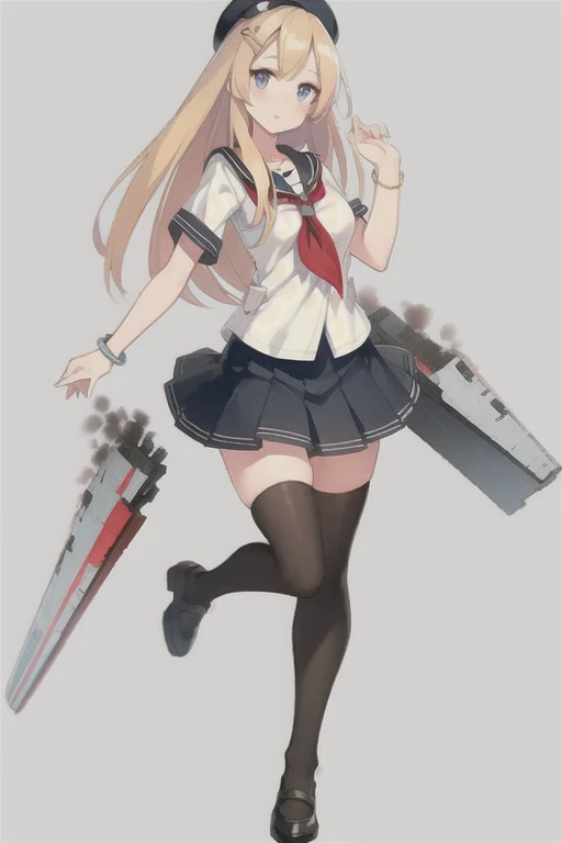 Saratoga (warship girls r),((Masterpiece)),(((Best quality))),((Ultra-detailed)),((illustration)),((Disheveled hair)),((frilld)),(1 girl),(Solo),1girl, beret, black footwear, black legwear, black skirt, blonde hair, blue eyes, bracelet, brown legwear, full body, gradient, hair ornament, hairclip, hat, jewelry, loafers, long hair, looking at viewer, neckerchief, pleated skirt, red neckerchief, ribbon, sailor collar, sailor hat, serafuku, shirt, shoes, short sleeves, skirt, solo, thighhighs, weapon, white headwear