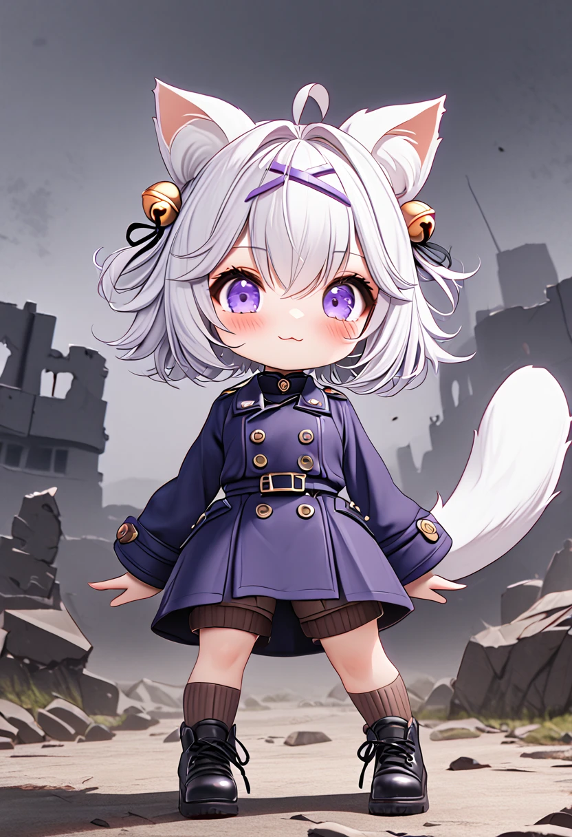 master piece, best quality, ultra-detailed, illustration, 1girl, solo, chibi, (big head), cute pose, front view, looking at viewer, ((full body Close up)), Filiansailor, (purple hairclip:1.5), (hair bell:1.5), white hair, short hair, cat ears, ahoge, purple eyes, blush, smiling, fluffy tail, ((dark blue 8buttons peacoat)), long sleeves, brown knee length shorts, brown knee socks, (dark blue shoes) , battlefield background, gloomy atmosphere, broken castle, broken walls, broken windows