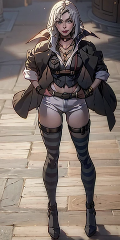 White hair , short hair, pinched eyes, (big-:1.5), Thin legs, thin body, leather collar, Maid outfit victorian, dynamic pose, full body, view from below, wide hips, kneel on the sheet in bed. purple skin, drow elf