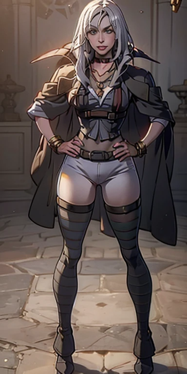 (Forrest from Fire Emblem Fates) 1 solo female full body standing straight symmetrical, looking at viewer, hands on hips, striped tights, golden bracelets, black choker with a golden heart pendant, hands on hips, confident smile, blushed cheeks