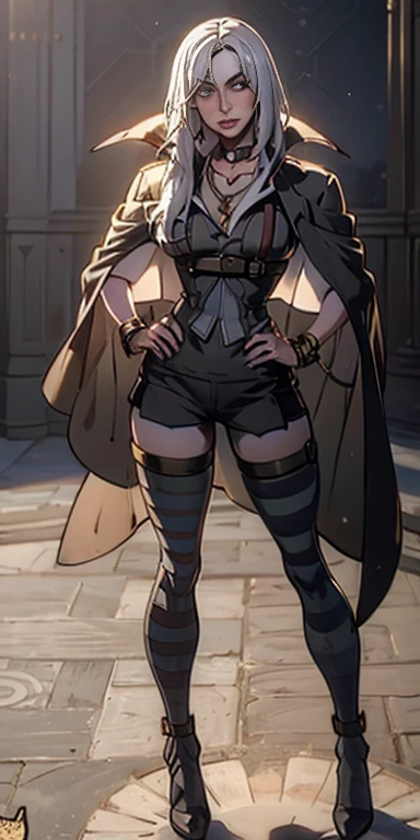 (Forrest from Fire Emblem Fates) 1 solo female full body standing straight symmetrical, looking at viewer, hands on hips, striped tights, golden bracelets, black choker with a golden heart pendant, hands on hips, confident smile, blushed cheeks