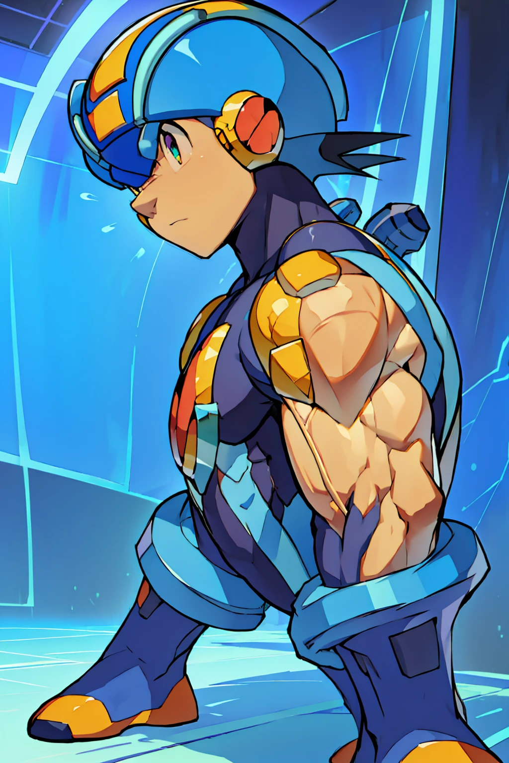 Huge muscles,Rockman Exe,(((8--old ))),Full body portrait