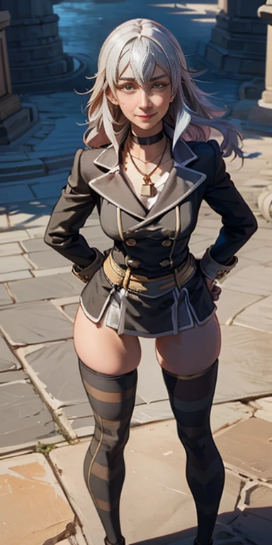 (Forrest from Fire Emblem Fates) 1 solo female full body standing straight symmetrical, looking at viewer, hands on hips, striped tights, golden bracelets, black choker with a golden heart pendant, hands on hips, confident smile, blushed cheeks
