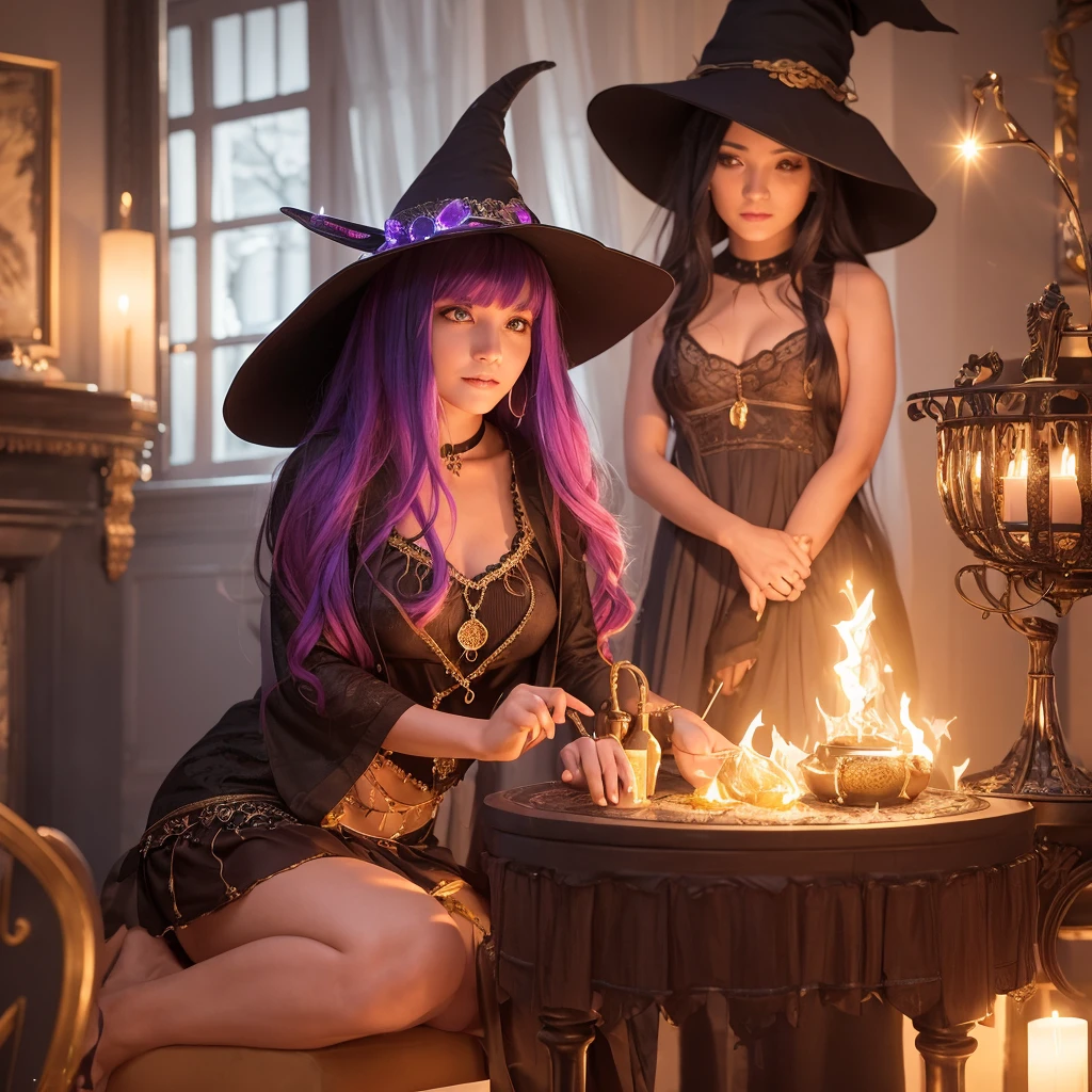 In a room lit by a vibrant, magical glow, a young woman dressed in a witch's hat leans over a steaming cauldron. She carefully stirs the potion within, her gaze meeting the viewer's with an air of playful mystery. A black cat with captivating yellow eyes sits beside her, its attention fixed on the glowing concoction. Sparkles and colorful lights dance around them, adding to the enchanting atmosphere.