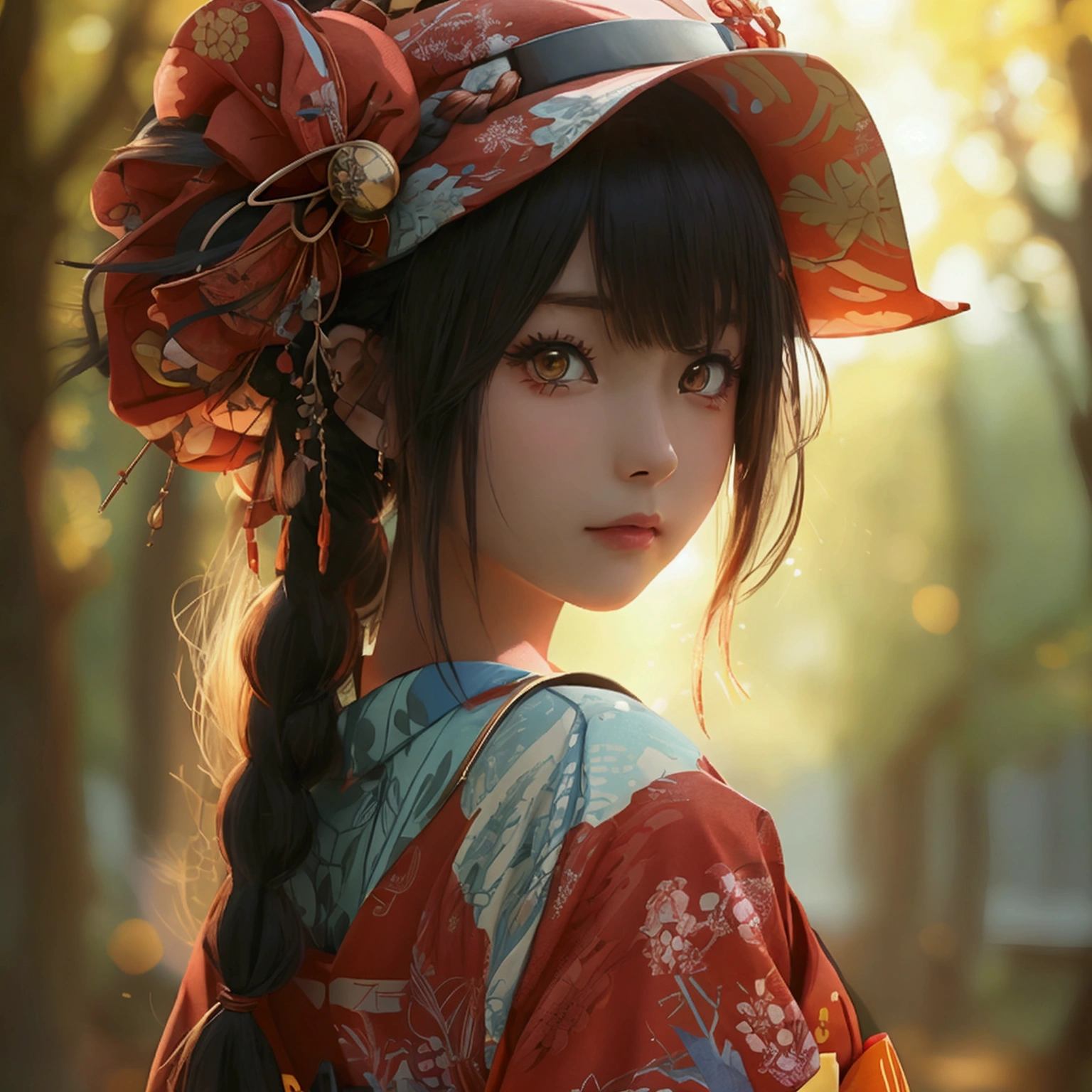 Generate an anime-style girl character with customizable features. The base character should have large, expressive eyes, a cute face, and a dynamic pose. Create options for different hairstyles (long, short, ponytail, braids), outfits (school uniform, casual wear, fantasy armor, traditional kimono), accessories (glasses, hats, jewelry), and backgrounds (cityscape, forest, school, fantasy landscape). Each element should be detailed and vibrant, allowing users to mix and match to create their unique anime girl character.