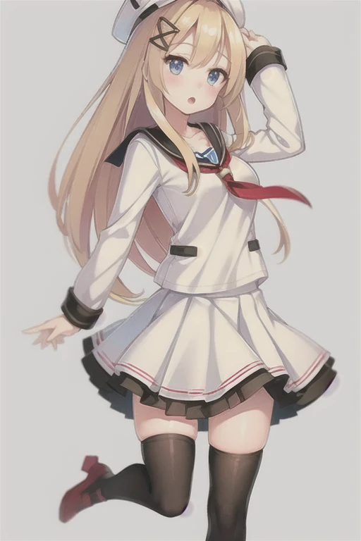 Saratoga (warship girls r),((Masterpiece)),(((Best quality))),((Ultra-detailed)),((illustration)),((Disheveled hair)),((frilld)),(1 girl),(Solo),1girl, :o, black legwear, black skirt, blonde hair, blue eyes, blush, hair ornament, hairclip, hat, long hair, long sleeves, looking at viewer, neckerchief, open mouth, panties, pantyshot, pleated skirt, red footwear, sailor collar, serafuku, shirt, shoes, simple background, skirt, solo, standing, standing on one leg, thighhighs, underwear, very long hair, white background, white panties, wind