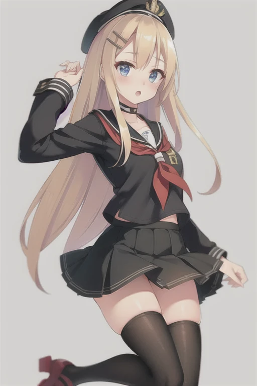 Saratoga (warship girls r),((Masterpiece)),(((Best quality))),((Ultra-detailed)),((illustration)),((Disheveled hair)),((frilld)),(1 girl),(Solo),1girl, :o, black legwear, black skirt, blonde hair, blue eyes, blush, hair ornament, hairclip, hat, long hair, long sleeves, looking at viewer, neckerchief, open mouth, panties, pantyshot, pleated skirt, red footwear, sailor collar, serafuku, shirt, shoes, simple background, skirt, solo, standing, standing on one leg, thighhighs, underwear, very long hair, white background, white panties, wind