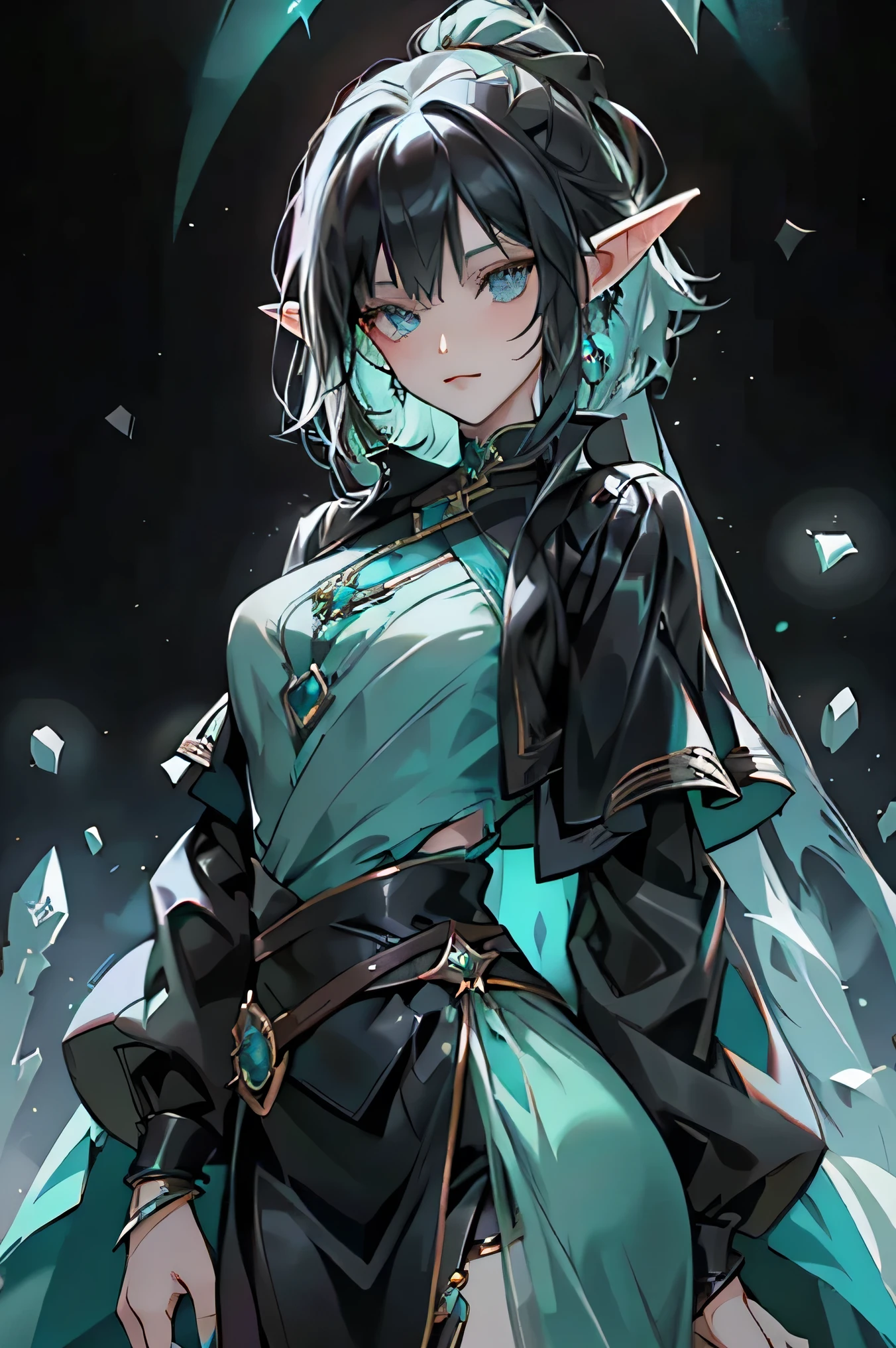 Elf girl. short black hair. turquoise eyes. Dark fantasy clothing. Lots of crystal jewelry. Black Manicure.