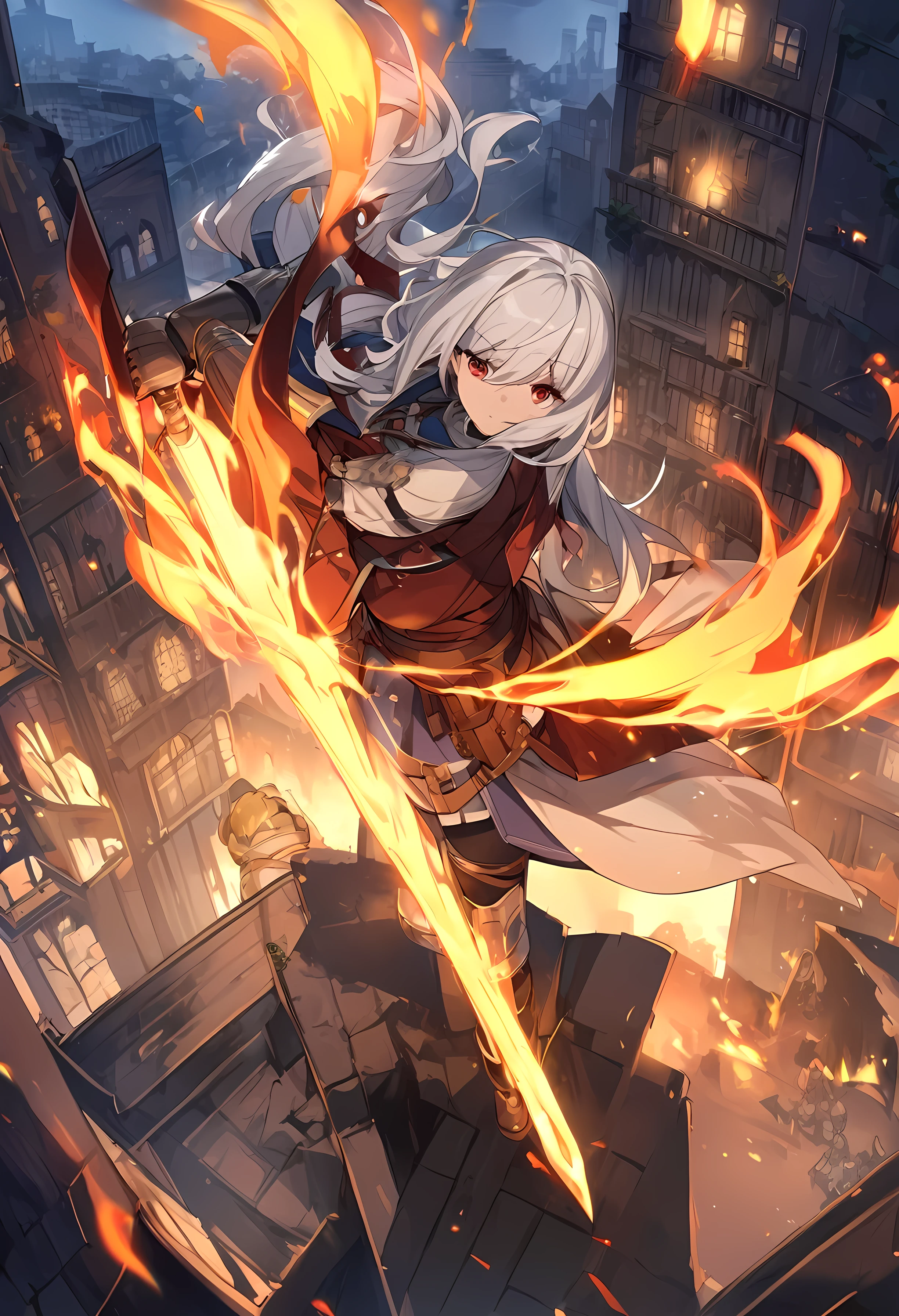 One Woman。Silver Hair、Long Hair、Red eyes、Droopy eyes、whole body、Medieval European soldier、Fight with flaming sabers、Flame effect on the sabre、Illuminated skyscrapers at night、First Person View、Anime Style、Ultra high definition、Very detailed