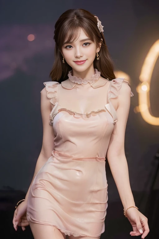 8K, masutepiece, Raw photo, Best Quality, Photorealistic, Highly detailed CG Unity 8k wallpaper, depth of fields, Cinematic Light, Lens Flare, Ray tracing, (Extremely beautiful face, Beautiful lips, Beautiful eyes), intricate detail face, ((Ultra detailed skin)) 1girl in, In the Dark, deepshadow, Pretty Korean girl, Kpop Idol, 1 girl, (Very slim and slender fit muscular body:1.3), ((Looking at Viewer)),(Big smile:1.3), (Midnight, a dark night, (Neon sign), (Blurred background), Dim light), (No people in the background:1.3), Beautiful earrings, Bracelets, Necklace, pantyhose, Clear eyes, Walking , Front shot, (pale skin), (big eye ace forward, (Full body shot), (Brown hairs), open navel, (Looking at Viewer:1.3), Very slim, medium breasts, (Camel toe), thick thighs, turn back, (Fluttering Mini Dress Light Dark Pink Lace Collar Dress)), (Tight skirt), ((backtrack, Back shot)), Ultra mini skirt, exposed ass, upper Shot