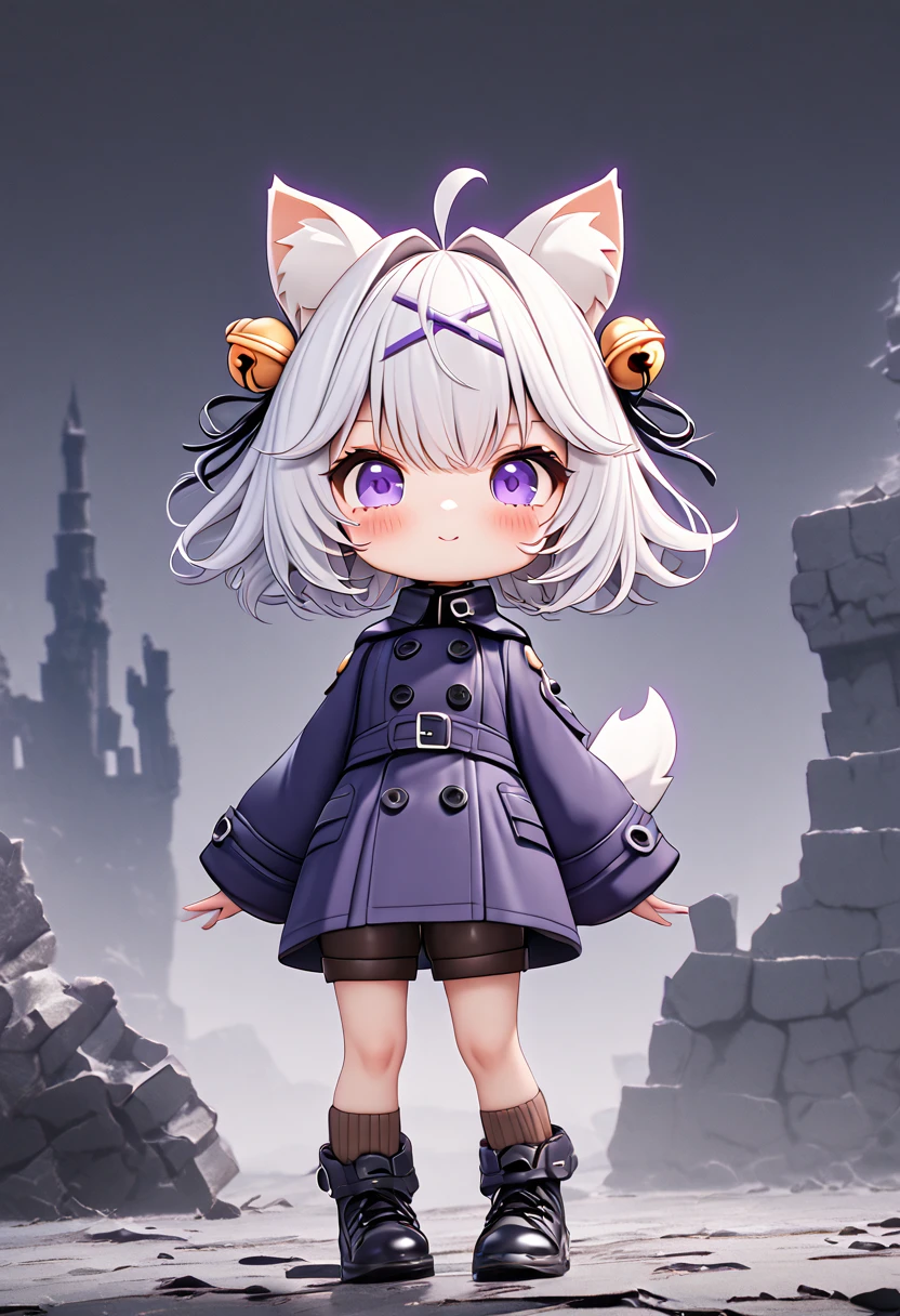 master piece, best quality, ultra-detailed, illustration, 1girl, solo, chibi, (big head), cute pose, front view, looking at viewer, ((full body Close up)), Filiansailor, (purple hairclip:1.5), (hair bell:1.5), white hair, short hair, cat ears, ahoge, purple eyes, blush, smiling, fluffy tail, ((dark blue 8buttons peacoat)), long sleeves, brown knee length shorts, brown knee socks, (dark blue shoes) , battlefield background, gloomy atmosphere, broken castle, broken walls, broken windows