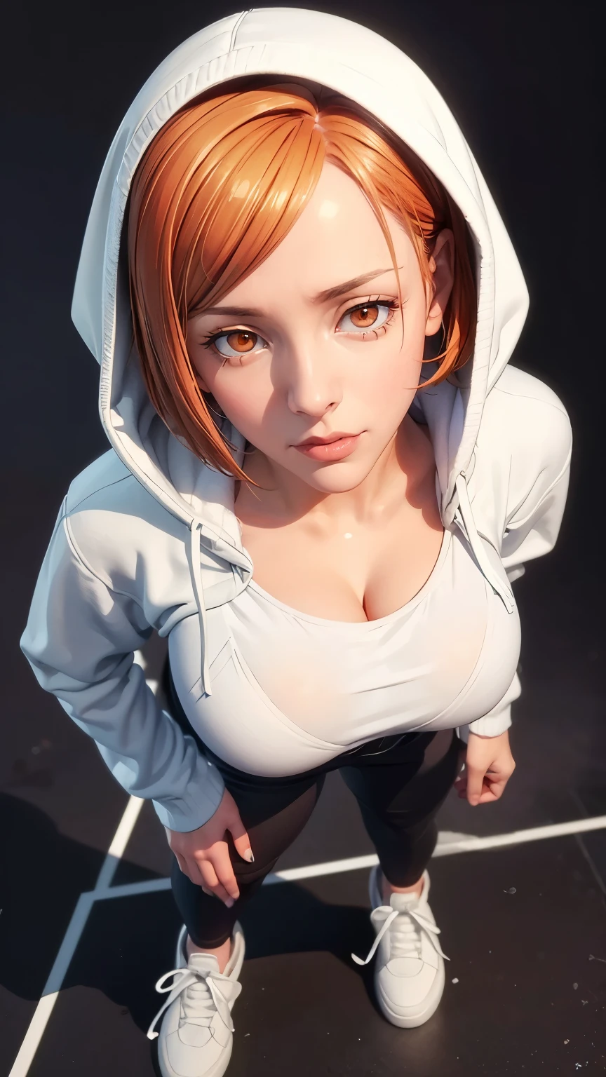 （（（完美figure，figure，solo， （（（A white hoodie jacket with a deep blue pattern on the shoulders, black pants, and white sneakers ））），（（（nobarakugisakinova，Orange eyes，orange short hair））），((masterpiece)),high resolution, ((Best quality at best))，masterpiece，quality，Best quality，（（（ Exquisite facial features，Looking at the audience,There is light in the eyes，(（（lol，confidence））)，））），型figure:1.7））），（（（Light and shadow，Huge breasts））），（（（Looking at the camera，black background，）））