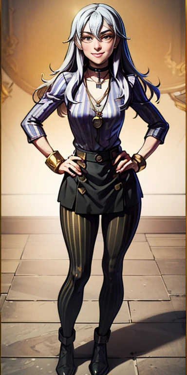 (Forrest from Fire Emblem Fates) 1 solo female full body standing straight symmetrical, looking at viewer, hands on hips, striped tights, golden bracelets, black choker with a golden heart pendant, hands on hips, confident smile, blushed cheeks