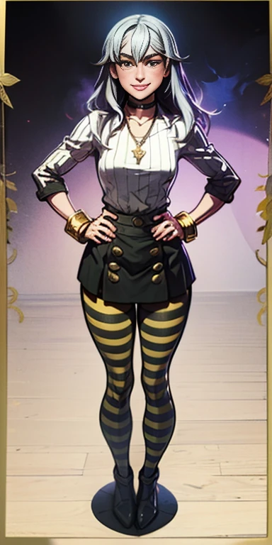 (Forrest from Fire Emblem Fates) 1 solo female full body standing straight symmetrical, looking at viewer, hands on hips, striped tights, golden bracelets, black choker with a golden heart pendant, hands on hips, confident smile, blushed cheeks