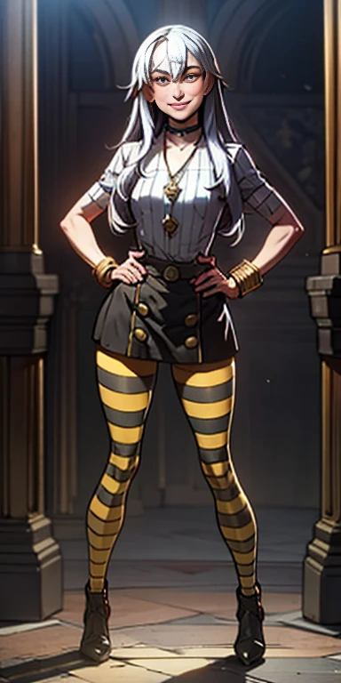 (Forrest from Fire Emblem Fates) 1 solo female full body standing straight symmetrical, looking at viewer, hands on hips, striped tights, golden bracelets, black choker with a golden heart pendant, hands on hips, confident smile, blushed cheeks