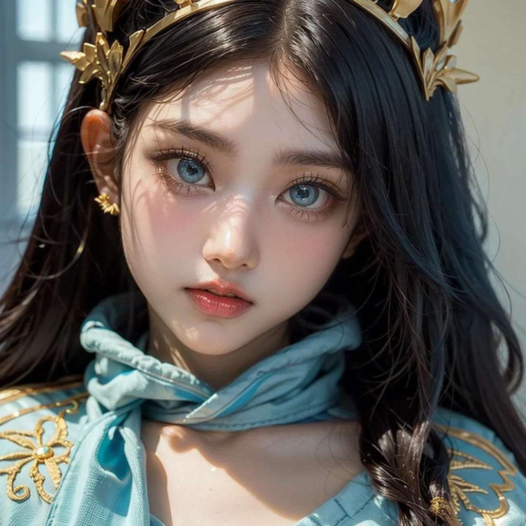LightBlue color skin,detailed eyes, portrait, shining, cubby cheek, wearing golden classic Indian crown.