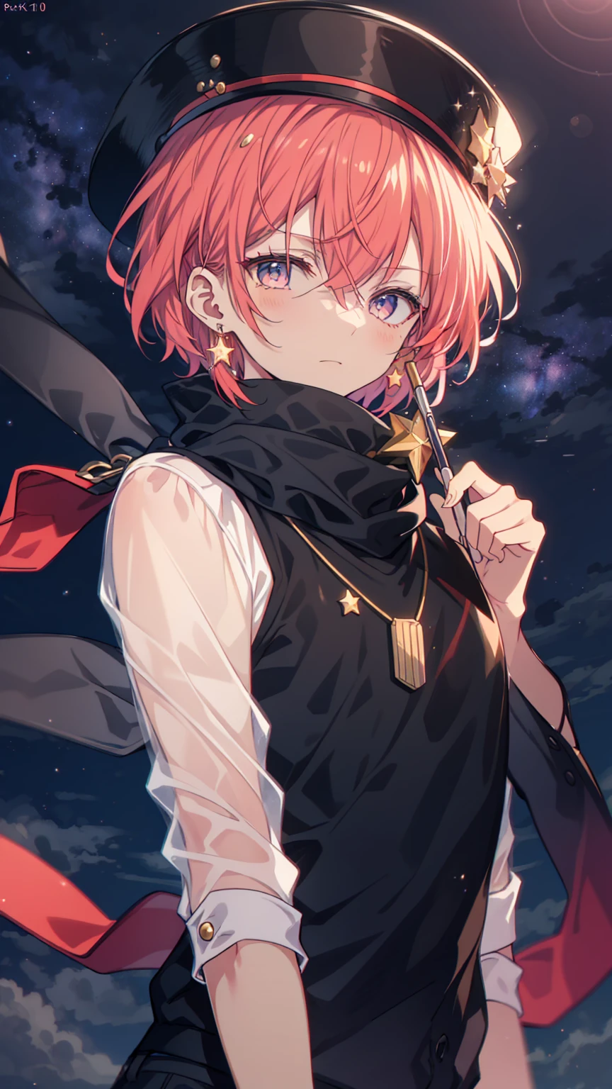 (Highest quality), (Masterpiece), 1080P, high resolution, 4K, 8ก, boy, short hair, black parker, hat, สวมhat, red hair, conjunctivitis,star shaped necklace,star earrings, upper body, night sky, starry sky, shooting stars, pistol, scarf,