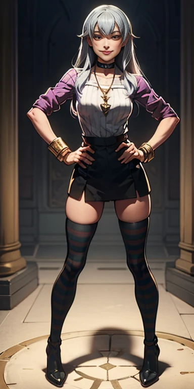 (Forrest from Fire Emblem Fates) 1 solo female full body standing straight symmetrical, looking at viewer, hands on hips, striped tights, golden bracelets, black choker with a golden heart pendant, hands on hips, confident smile, blushed cheeks