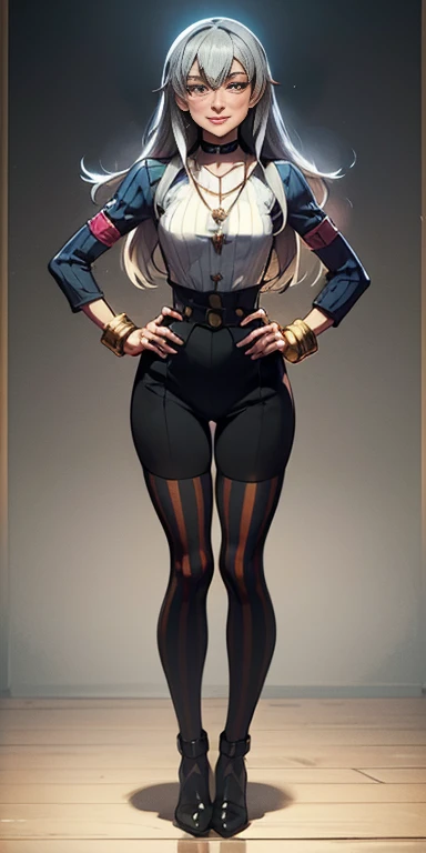 (Forrest from Fire Emblem Fates) 1 solo female full body standing straight symmetrical, looking at viewer, hands on hips, striped tights, golden bracelets, black choker with a golden heart pendant, hands on hips, confident smile, blushed cheeks