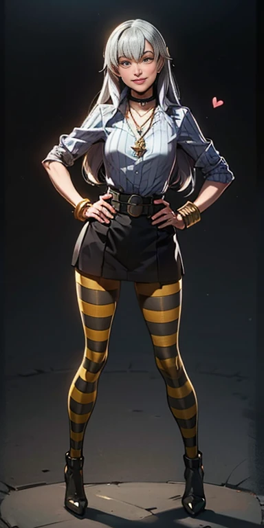 (Forrest from Fire Emblem Fates) 1 solo female full body standing straight symmetrical, looking at viewer, hands on hips, striped tights, golden bracelets, black choker with a golden heart pendant, hands on hips, confident smile, blushed cheeks