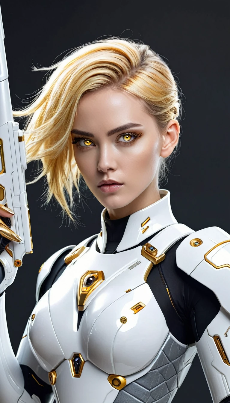 A digital illustration of a beautiful cyborg woman wearing a white porcelain-like futuristic armor suit, amber eyes, holding a light gun in one hand. She has golden hair and striking grey eyes. she in pointing a white porcelain-like gun to her viewer. The illustration is highly detailed and in the style of niji cartoon pixar anime Cyberpunk and Dreamwave.
