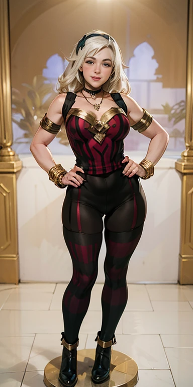 1 solo female full body standing straight symmetrical, looking at viewer, hands on hips, twin drill hairstyles, striped tights, golden bracelets, black choker with a golden heart pendant, hands on hips, confident smile, blushed cheeks