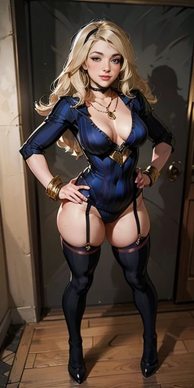 (Forrest from Fire Emblem Fates) 1 solo female full body standing straight symmetrical, looking at viewer, hands on hips, striped tights, golden bracelets, black choker with a golden heart pendant, hands on hips, confident smile, blushed cheeks