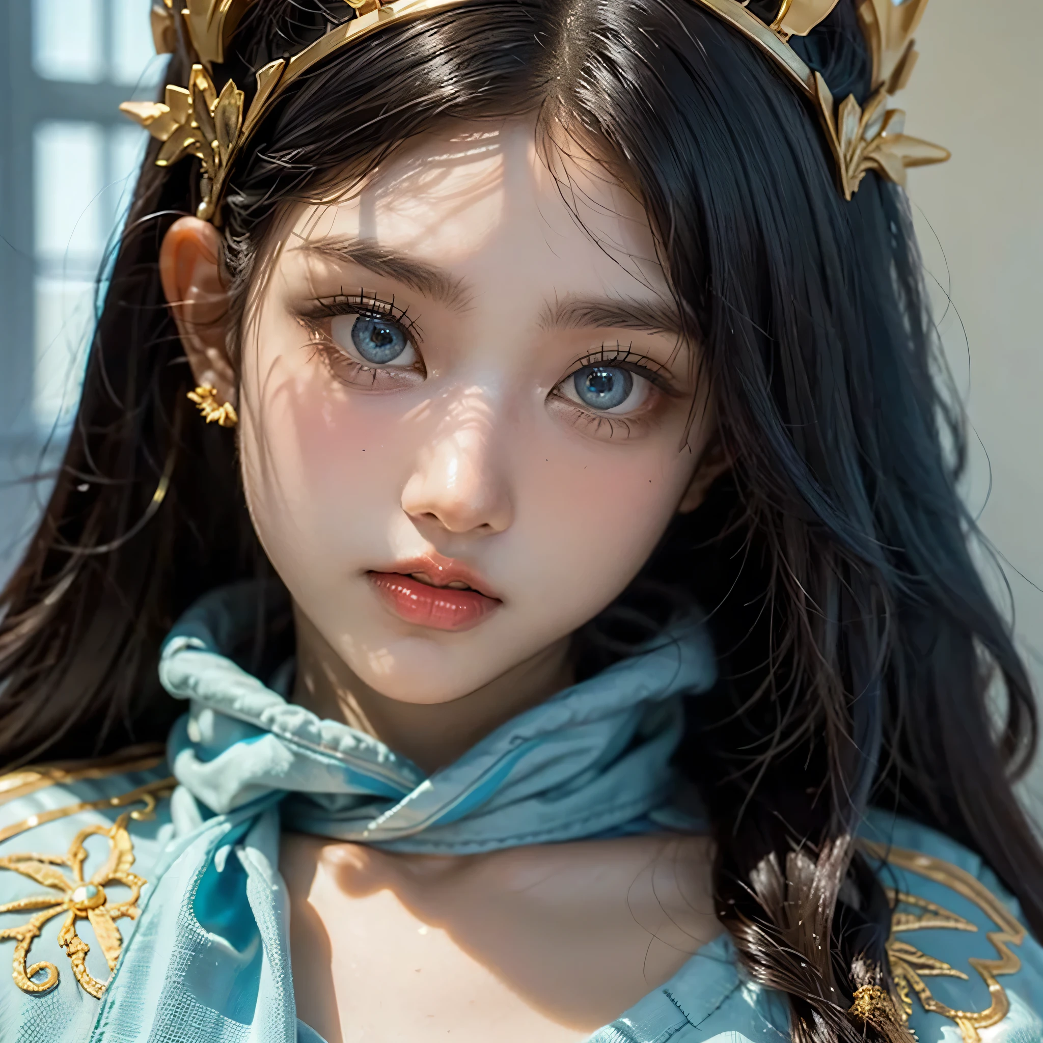 LightBlue color skin,detailed eyes, portrait, shining, cubby cheek, wearing golden classic Indian crown. 