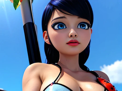 Closeup of marinette, miraculous lady bug, dark blue hair and blue eyes white skin black eyeliner, beautiful and detailed face with voluminous and red lips, slender body with large, heavy breasts , Nipples , transparent wet transparent t-shirt, micro tanga, view from below, sun ,blue sky with white clouds in paris,
