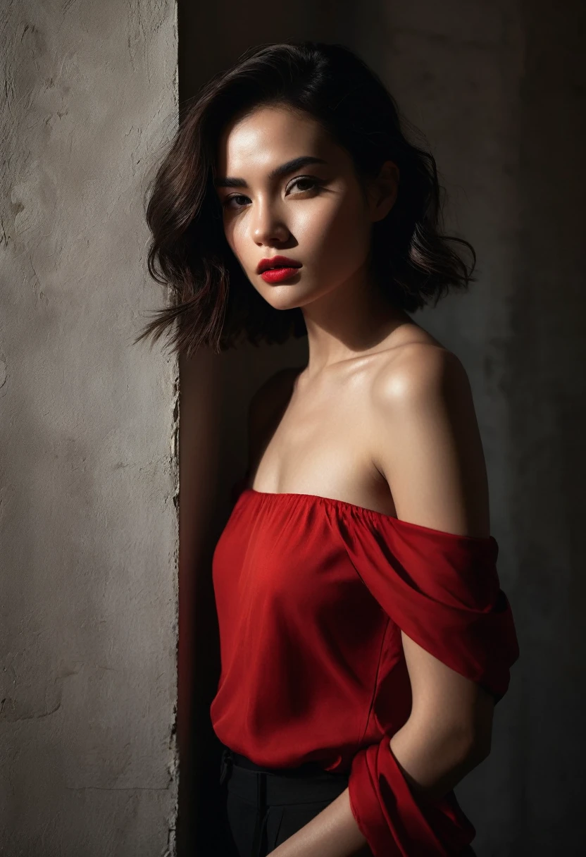 woman bathed in soft light, leaning against a wall, looking into the camera in a moment of raw emotion. Her attire is minimal, accentuating her beauty with the dramatic shadows cast by the lighting. The background is stark, with sharp contrasts highlighting the contours of her form. The red and black palette intensifies the mood, evoking a sense of mystery and allure. Subtle film grain and meticulous shading add depth and texture, emphasizing the emotional gravity of the scene. The lighting creates a chiaroscuro effect, accentuating her expressive pose and the intense atmosphere.