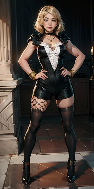 (Forrest from Fire Emblem Fates) 1 solo female full body standing straight symmetrical, looking at viewer, hands on hips, striped tights, golden bracelets, black choker with a golden heart pendant, hands on hips, confident smile, blushed cheeks