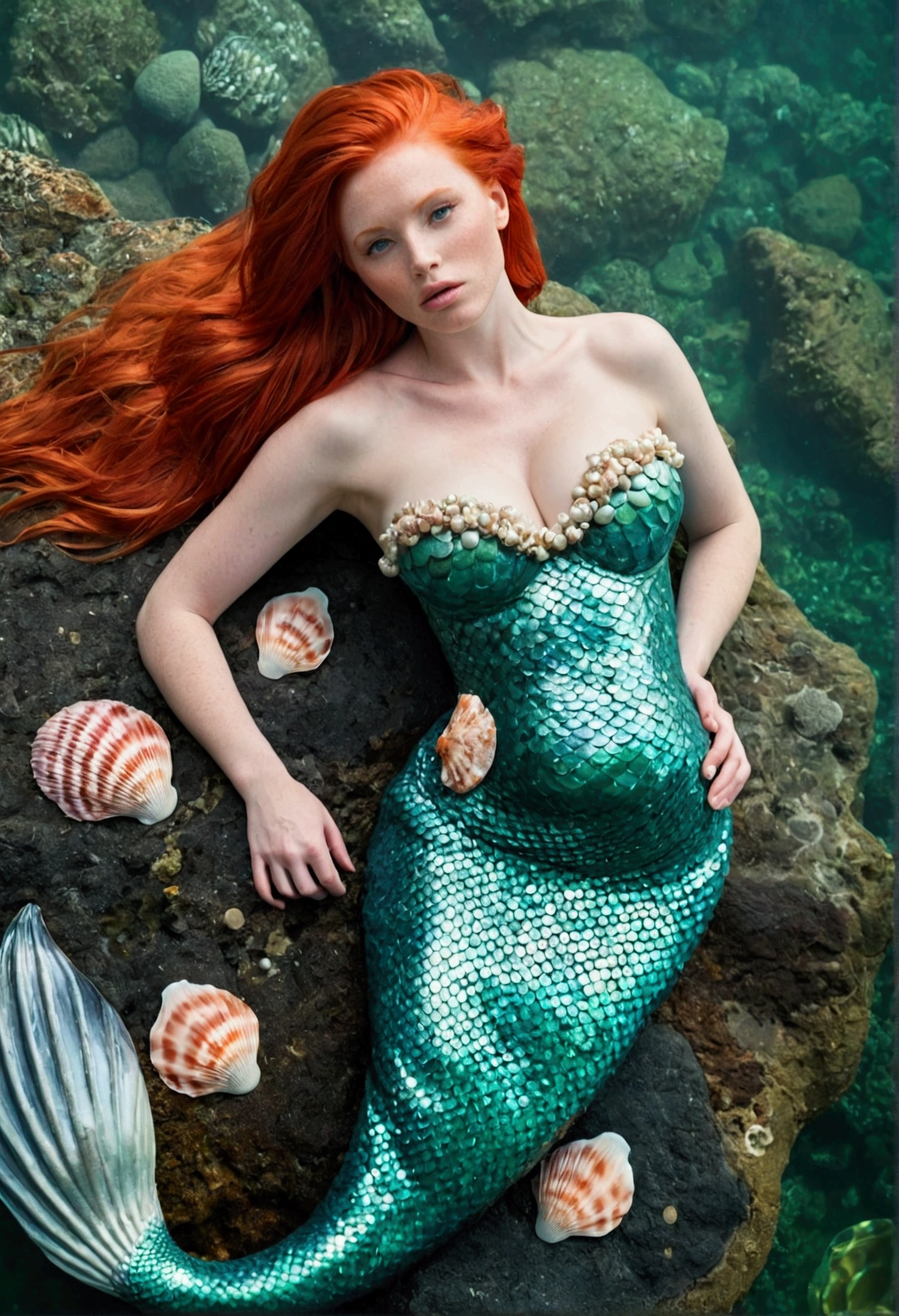 A red-haired mermaid, breasts big, with shells hiding your nipples. From the waist down, fish body in pearly green color. She is lying sideways on a rock, with the sea around you.