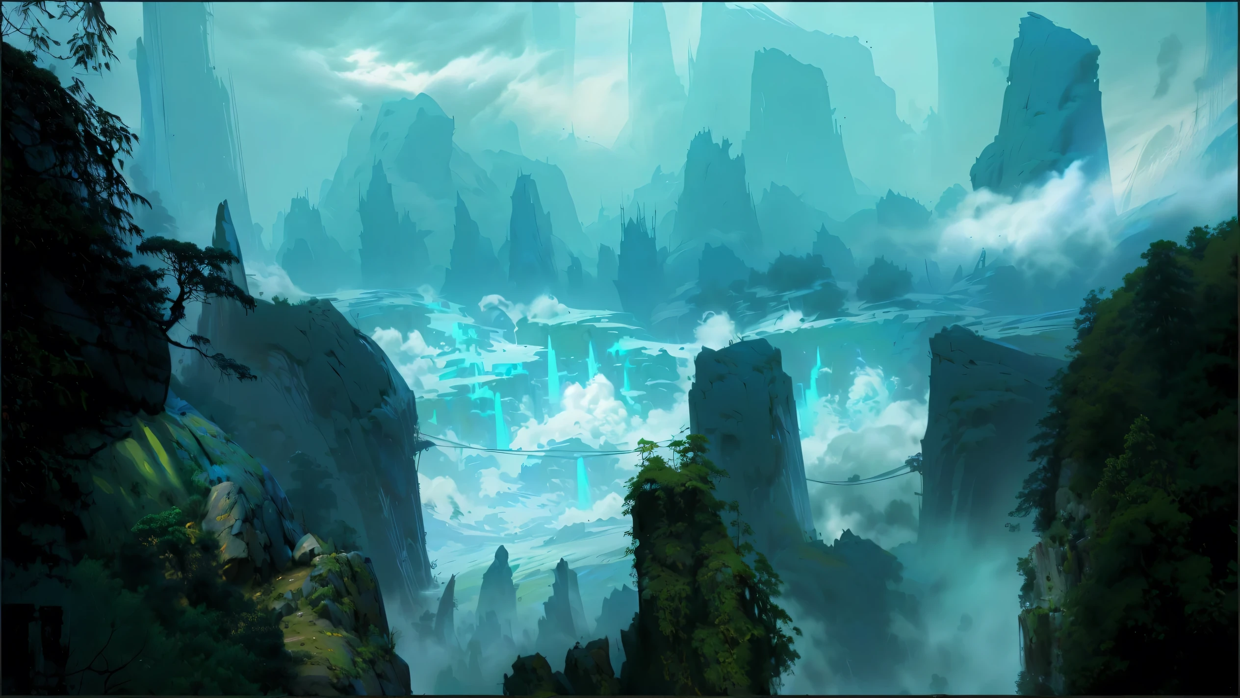 There is a painting,There is a mountain in the painting,There is a bridge in the middle, Concept Art. Epic Landscapes, Dota! matte painting Concept Art, Dota matte painting Concept Art, Avatar Landscape, environment Concept Art, Concept Art scene, Concept World Art, painted as a game Concept Art, environmental Concept Art, digital painting Concept Art, matte painting arcane Dota pixar, Floating mountains
