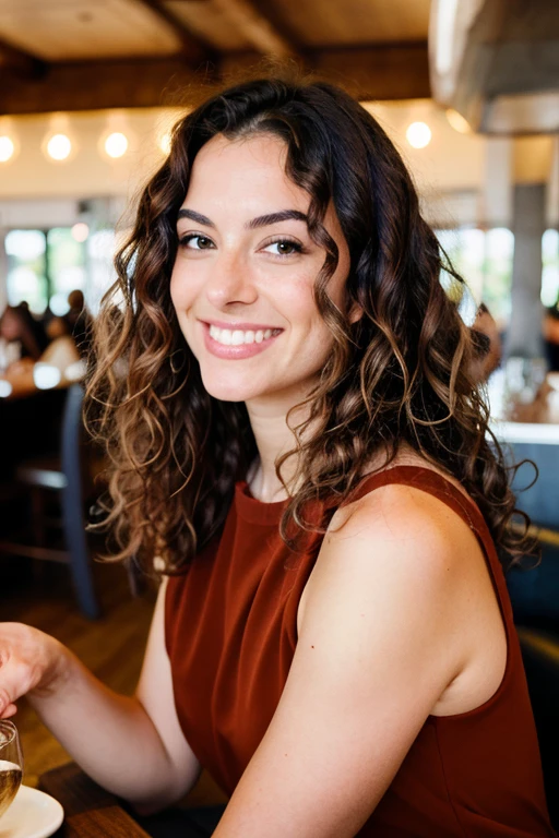  brunette with curly hair height 1.65 .is in a restaurant having lunch drinking wine .calm environment without many details more realistic without too many effects ,beautiful and smiling 
