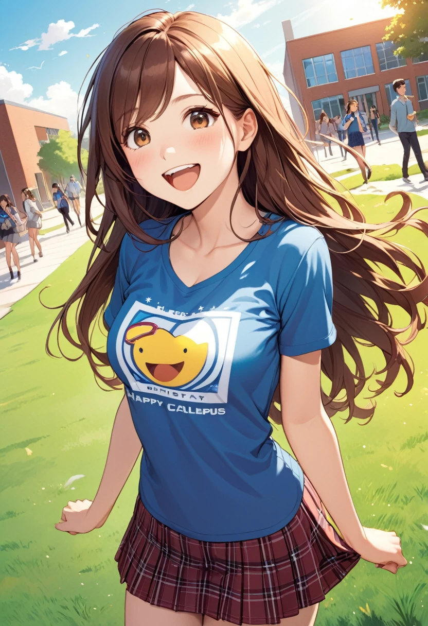 detailed illustration, dynamic angle, ultra-detailed, illustration, 1girl, 18 year old, school girl, wavy brown hair, long hair, bright brown eyes, tight college t-shirt, tight shirt, blue plaid skirt, brin, happy, elated, joyful, college campus, outside, grass, buildings, preening, cleavage, medium breasts, hands behind back