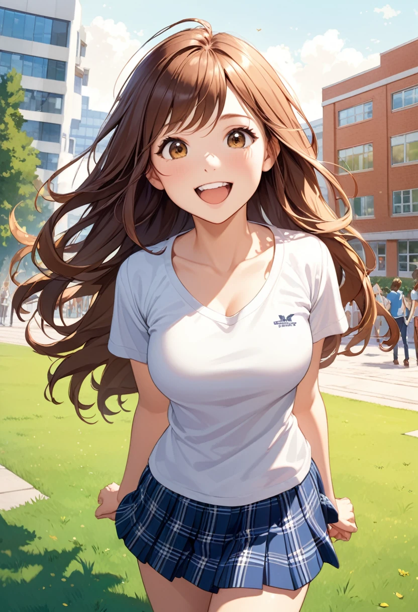 detailed illustration, dynamic angle, ultra-detailed, illustration, 1girl, 18 year old, school girl, wavy brown hair, long hair, bright brown eyes, tight college t-shirt, tight shirt, blue plaid skirt, brin, happy, elated, joyful, college campus, outside, grass, buildings, preening, cleavage, medium breasts, hands behind back