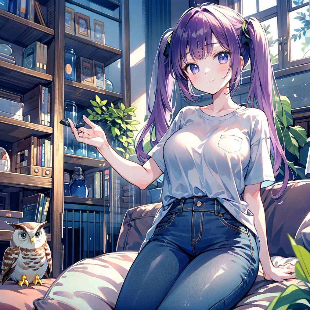 (masterpiece), (HDR), absurdres, (best quality), (ultra high quality), (hi-res), (1girl), slim, (lavender eyes), beautiful detailed eyes, teen, (dark purple hair), bangs, short side locks, (((big thick twintails))), (long straight hair), (((two gold hair ties))), ((loose t-shirt)), jeans, (medium breast), ((thin waist)), (happy expression), smile, (looking at viewer), sitting on bed, comfy bed, in a girl's bedroom, cozy bedroom, stuffed animals, plushies, ((owl stuffed animals)), daytime, sunlight on face, noon, bright sun, comfy