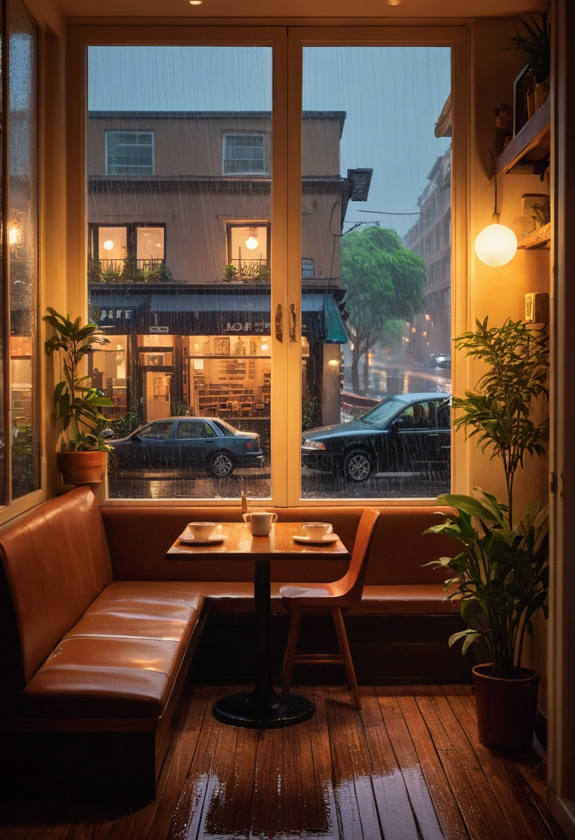"A cozy café scene with a rainy window in the background. Outside, the rain blurs the cityscape, while inside, the warm, inviting light creates a perfect space for reading or listening to LOFI music."